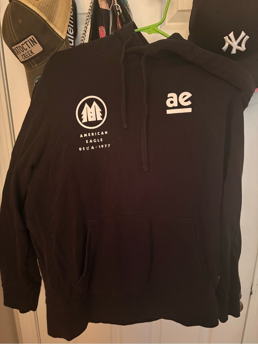 American Eagle Outfitters Black Hoodie with White AE and Mountain Logo